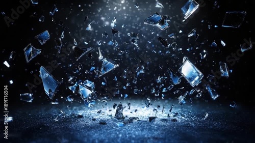 Shattered glass shards cascade in a dramatic display against a dark backdrop.