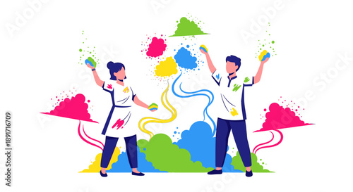 Vibrant holi celebration with people throwing colorful powder in joyful festivity