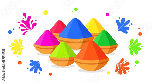 Vibrant Holi celebration with colorful powder piles and splatters, illustration of joyful scene