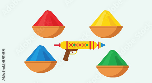 Vibrant Holi celebration with colored powders and water gun in bowls from above