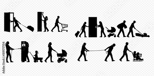 Set of black silhouettes depicting various people performing pulling and pushing actions with different objects and tools.