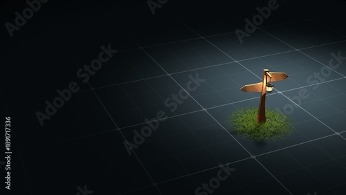 3D Wooden Signpost With Grass on Dark Minimalist Grid Background