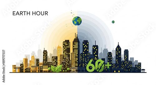 Earth hour cityscape with globe and 60 minutes symbol