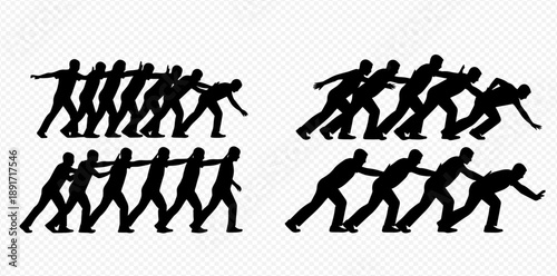 Silhouettes of people pushing and pulling, representing teamwork and effort.