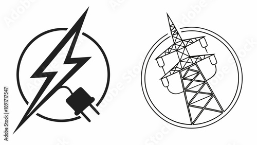A pair of circular emblems feature stylized electricity symbols alongside detailed high-voltage transmission towers for electrical.