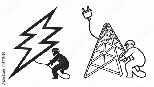 Two black and white icons depict workers interacting with electrical hazards and power transmission towers for safety concepts.