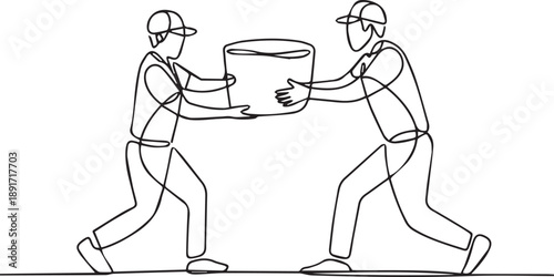 Two workers collaborating to lift a large cylindrical object together in a dynamic pose