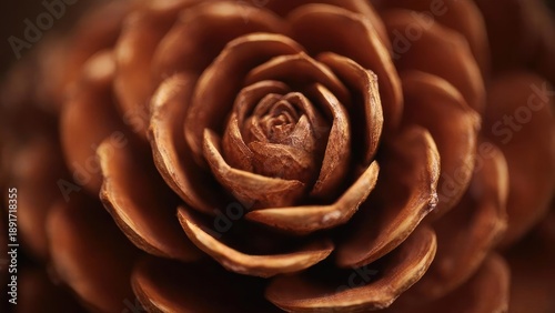 Close-up of a brown pine cone, showing its tightly packed, spiraling scales. Concept Macro nature, Pine cone detail, Spiraling scales, Earthy brown tones, Forest textures