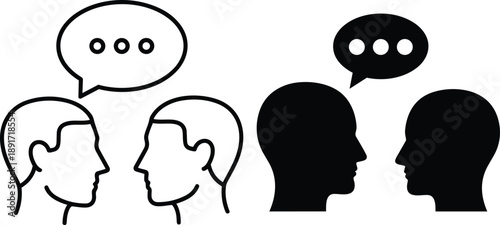 Human conversation icon set showing face to face communication with speech bubbles in outline and silhouette styles