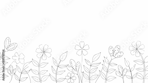 Line art vector illustration of meadow flowers and leaves on white background