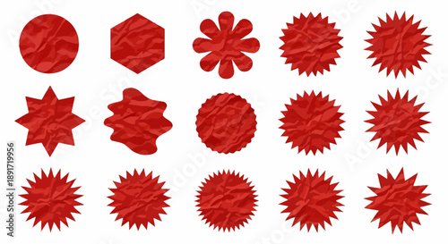Crumpled Red Paper Stickers and Badges Vector Collection Diverse Starburst and Geometric Shapes for High-Impact Sale and Promotion Graphics