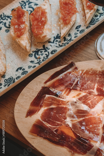 Spanish tapas with iberian ham and tomato bread
