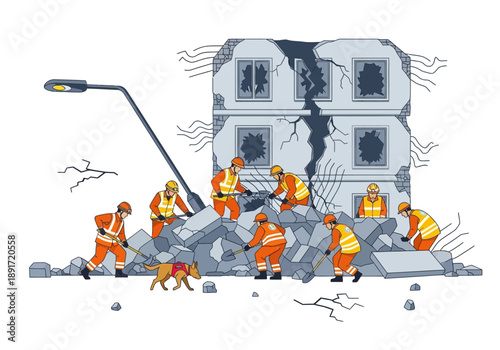 Rescue workers in orange vests clear rubble from a damaged building after a disaster