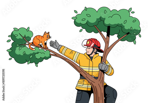Firefighter rescuing a frightened cat stuck in a tree during an emergency response operation viewed from the side