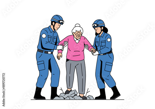 Elderly woman being assisted by two police officers in uniform amidst debris