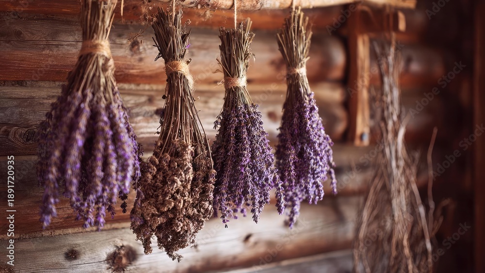 Fototapeta premium Bunches of dried lavender hanging upside down to dry against a rustic wooden wall. Concept Dried lavender bunches, Rustic wooden wall, Farmhouse decor, Purple tones, Natural textures