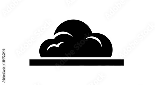 Black and white icon illustration of a cloud formation sitting above a flat horizontal line