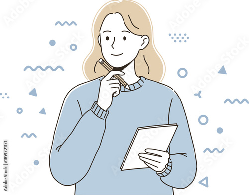 Illustration of thoughtful woman holding notepad and pencil, surrounded by creative symbols, representing idea generation, writing inspiration, planning process