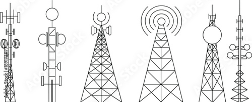 Illustration of six different communication towers with antennas, signal waves, wireless network technology icons, transmission towers line art vector designv