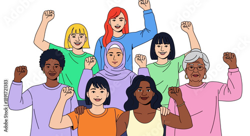 Empowered diverse women stand united, raising fists in a symbol of collective strength, solidarity, and advocacy for social change and gender equality