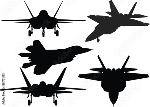 Jet fighter silhouettes collection, military aircraft illustration, stealth airplane vector set, modern aviation black shape designs for defense and aviation projects