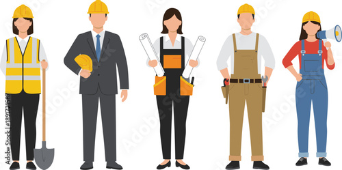 Construction workers vector illustration, male and female engineers, architects, laborers, teamwork, safety helmet, occupation roles, building staff, flat design professionals, characters