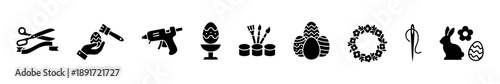 Minimal icons for Easter crafts: egg painting, wreath making, sewing, glue gun, and festive tools.