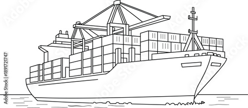 Large container cargo ship sailing on water, transporting freight, global shipping, maritime vessel, logistics, sea transport, industrial shipping, international trade, port operations, ocean freight