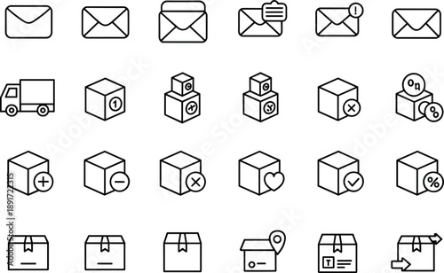 Mail and package delivery icons set, envelope, shipping box, parcel symbols, notification, tracking, courier truck, post office, shipment, communication design