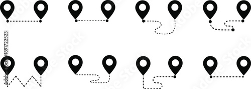 Map route icons set, GPS location symbols, navigation outline, travel direction, destination path, road trip, journey, guide, wayfinding, marker