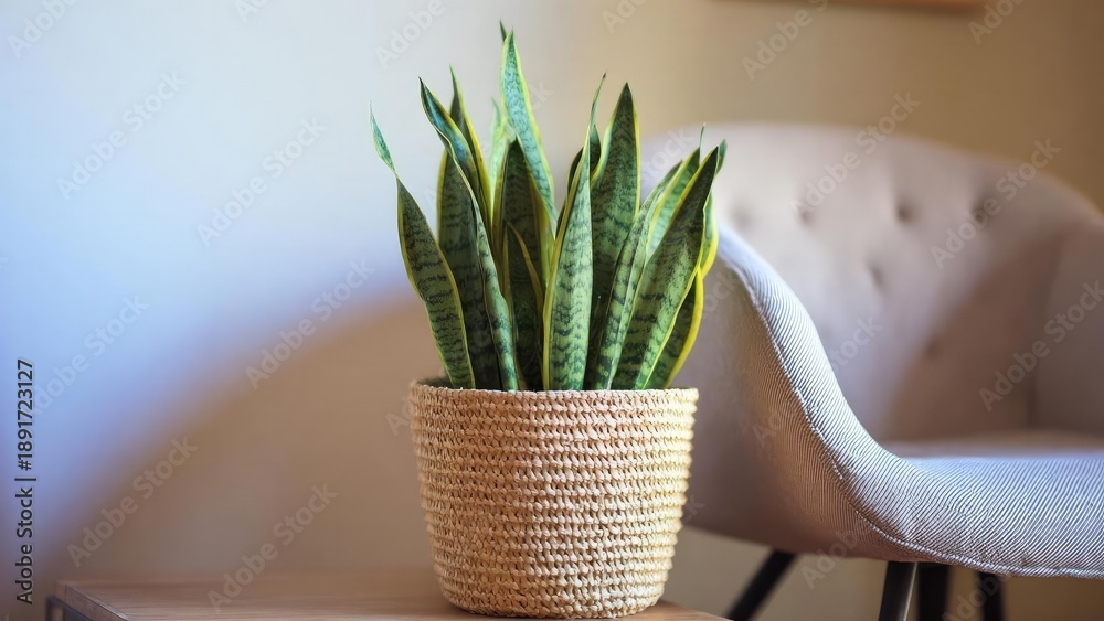 Fototapeta premium Snake plant in a woven straw pot on a wooden table beside a beige upholstered chair. Concept Indoor greenery, Plant styling, Woven straw pot, Beige upholstery, Wooden table