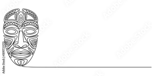 Continuous Line Art of a Ceremonial Mask, Face tribal mask continuous single line style, Ethnic Mask, drawn with continuous line in minimalism, abstract, Yoruba Mask, African culture, rituals