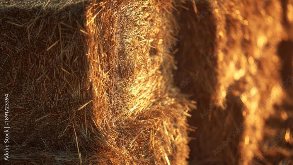 Naklejka premium Golden hay bales stacked in a row, straw glowing under warm sunlight. Concept Golden Hay Bales, Rural Sunset, Warm Sunlight, Farm Scene, Textured Stacks