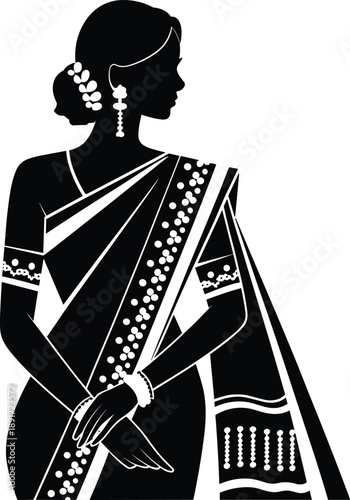 Elegant black silhouette illustration of traditional Indian woman wearing saree and jewelry, cultural fashion vector art minimal design isolated on white background profile