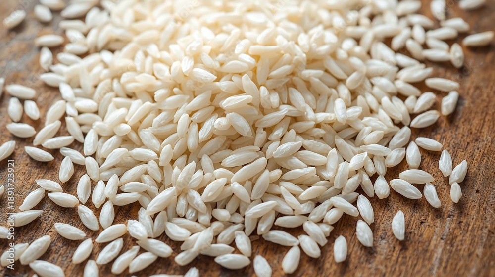 Obraz premium Short-grain rice close-up on wooden board, uncooked grains texture