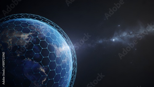 Vibrant blue planet wrapped in a glowing hexagonal grid against dark outer space with shining stars and cosmic dust symbolizing global protection and advanced t