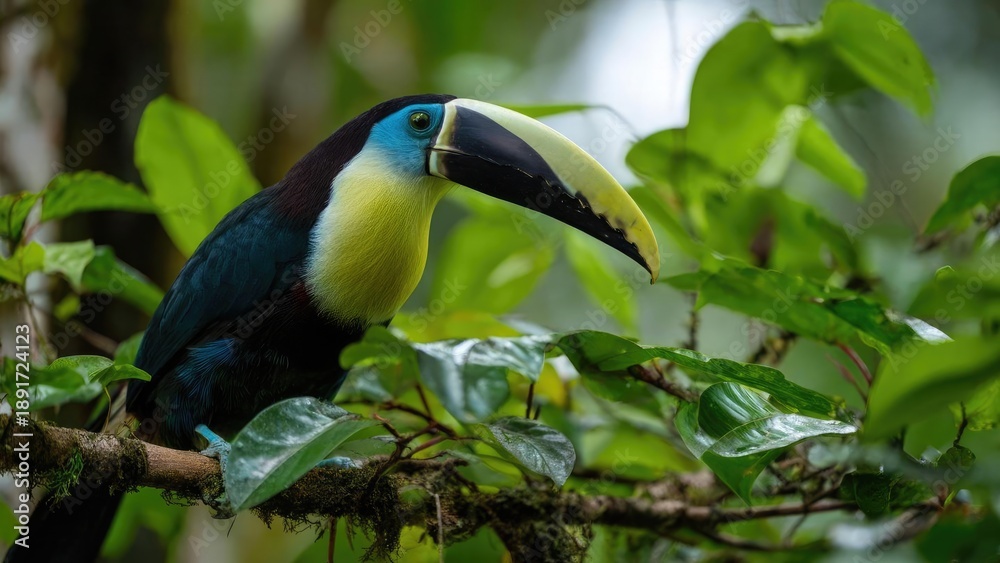 Obraz premium A colorful toucan with a huge pale yellow beak and blue-green body perched on a branch amid tropical leaves. Concept Tropical wildlife, Toucan portrait, Pale-yellow beak, Lush foliage backdrop