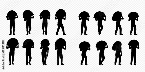 Set of black silhouettes of people carrying large, heavy objects on their shoulders, isolated on a transparent background, depicting various poses and movements.