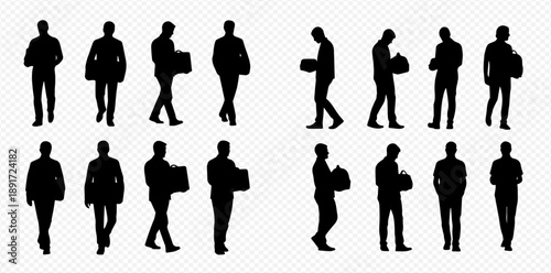 Set of diverse male silhouettes in various poses walking and standing, some holding packages, isolated on transparent background.