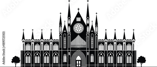 Gothic Cathedral Silhouette with Cross-Topped Spires and Rose Window – Historic Architecture Icon for Cultural Heritage, Religious Design, and Artistic Illustration Use