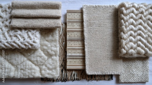 Neutral Textile Layers Arranged on a Surface, Showcasing Different Textures and Designs From Various Materials and Weaves in Natural Tones