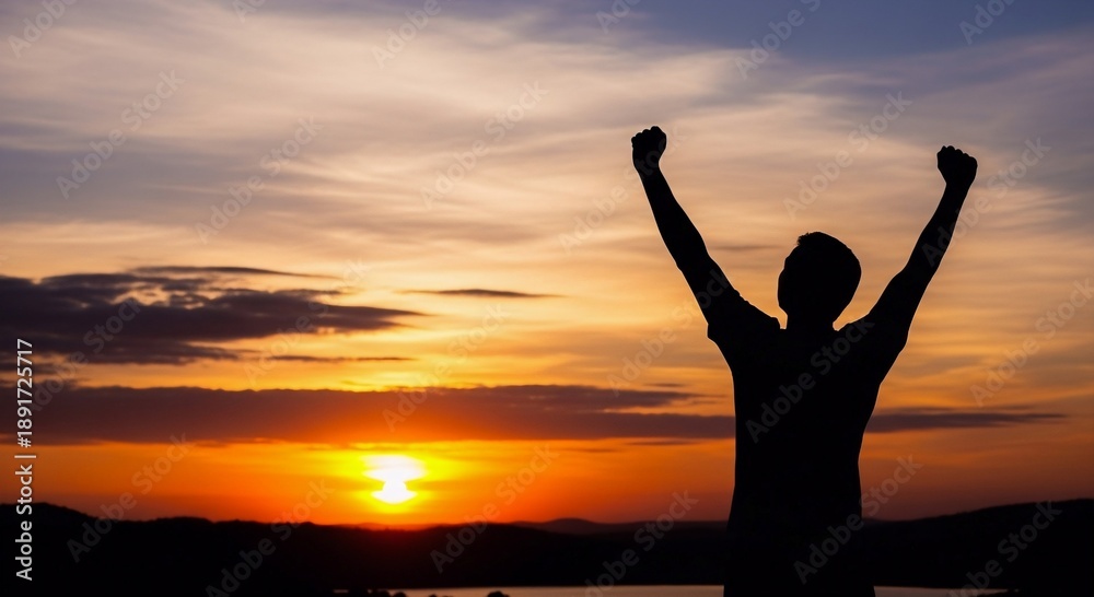 Fototapeta premium A silhouette of a triumphant man with arms raised at sunset