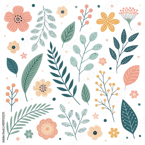 Decorative filler elements featuring dots, leaves, and miniature floral illustrations arranged in a whimsical composition displayed from a direct viewpoint
