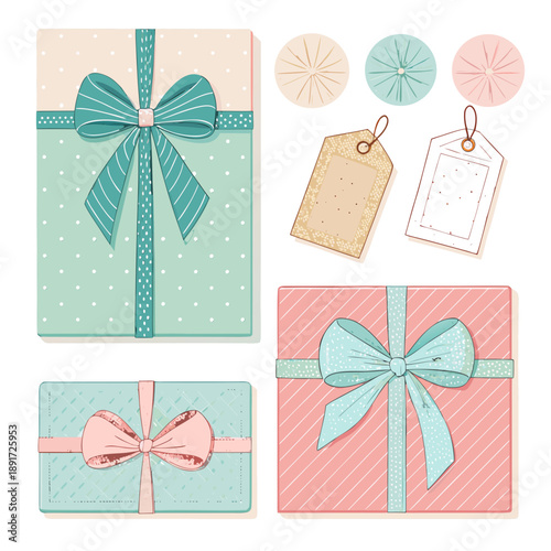 Gift wrapping illustration set featuring bows, ribbons, and tags in various pastel colors from a direct viewpoint
