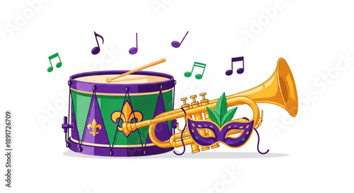 Mardi gras music instruments with purple mask and golden horn