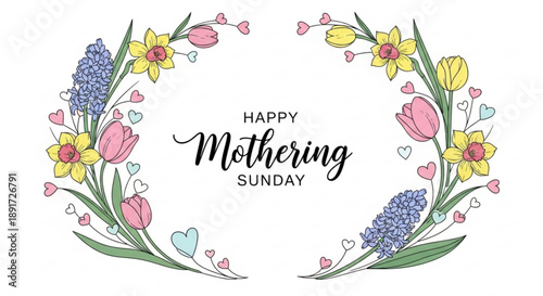 Happy mothering sunday floral wreath with tulips hearts and flowers