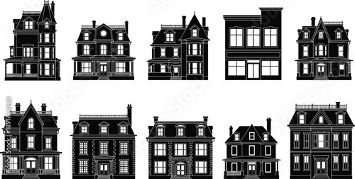 Collection of Victorian House Silhouettes, Vintage Second Empire Architecture Icons, Historical Mansion Exterior Outlines, Antique Residential Building Vector Illustrations Pack