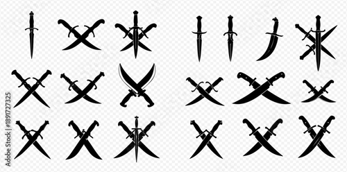 Collection of black silhouettes of crossed swords, daggers, and sabers, isolated on a transparent background, representing various weapon designs.