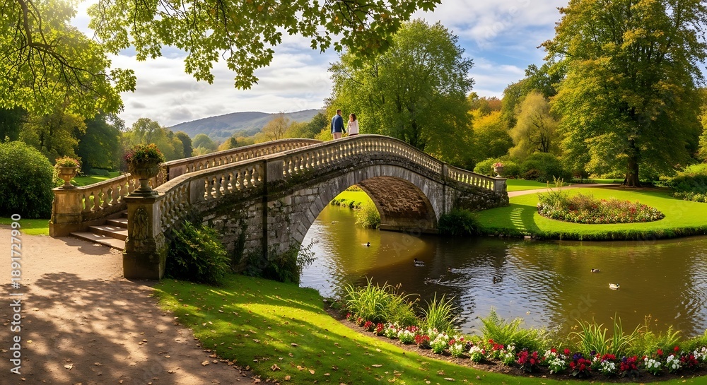 Fototapeta premium Serene stone bridge over calm pond.