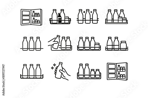 Use structure baseline interior icon silhouette door storage fridge rack bottle vector